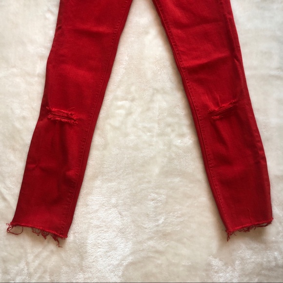 ZARA Trf Red Straight Leg Jeans High Rise Ripped Raw Hem Size 2 - Picture 7 of 11